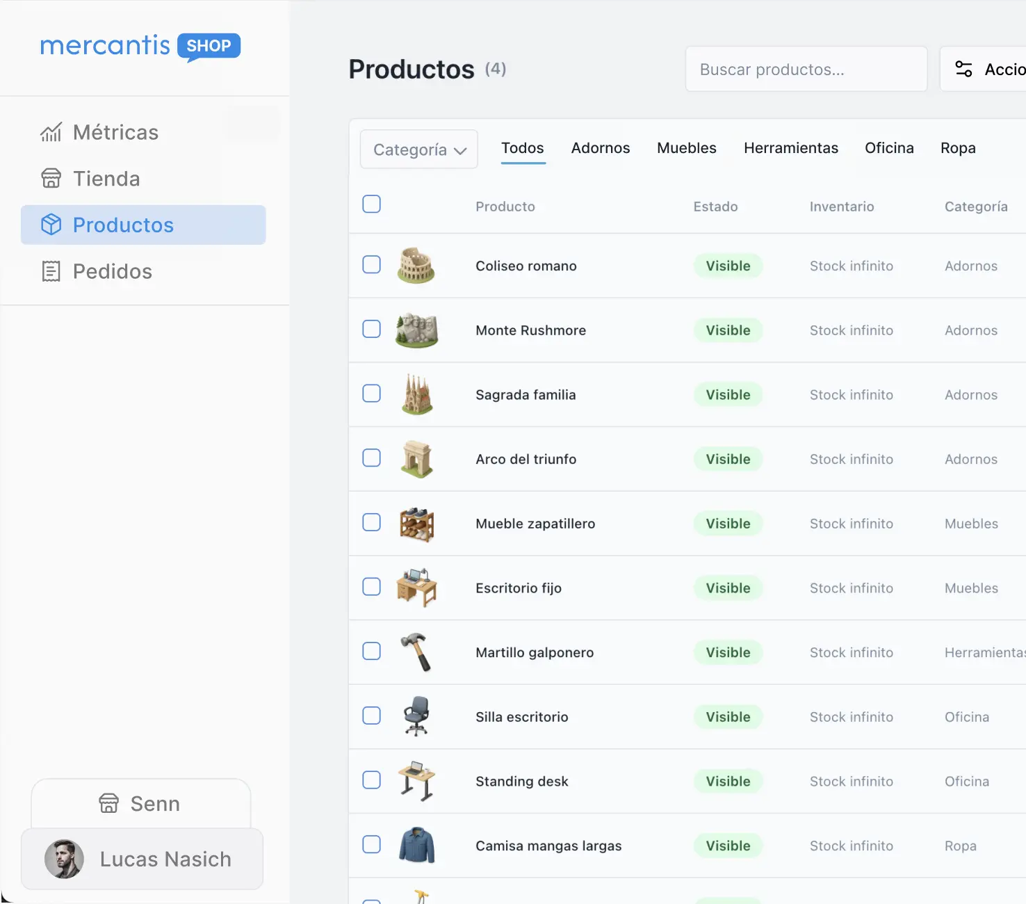 Panel de administración Mercantis