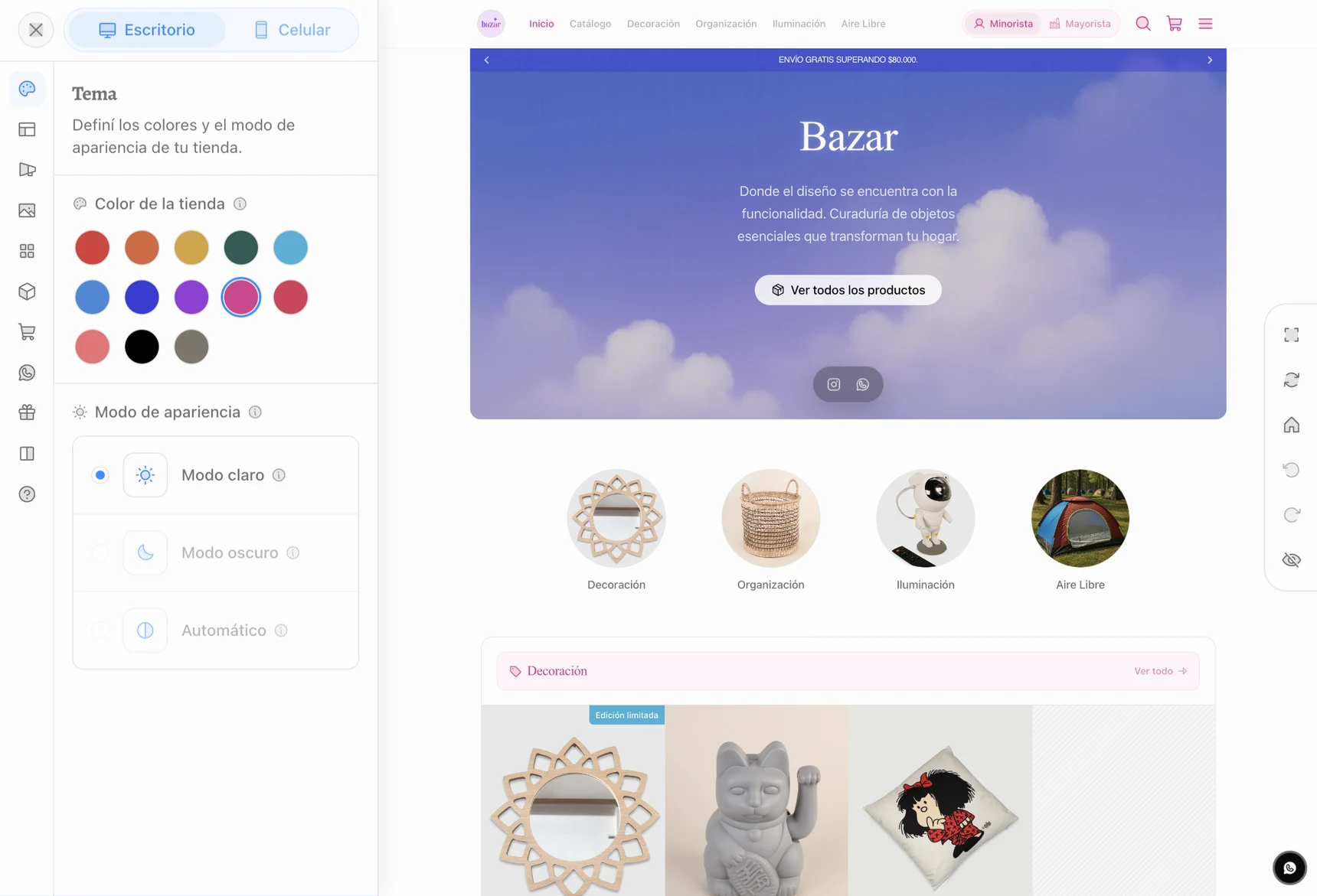 Panel de diseño con vista previa en vivo: Tema y preview de la tienda en celular