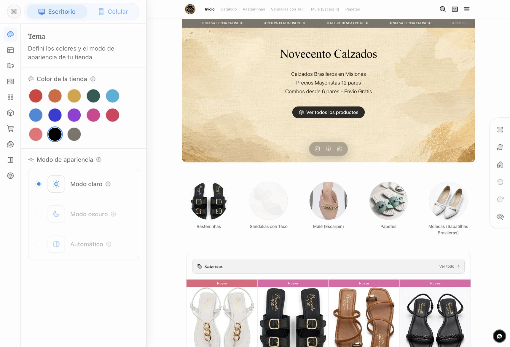 Panel de diseño con vista previa en vivo: Tema y preview de la tienda en celular