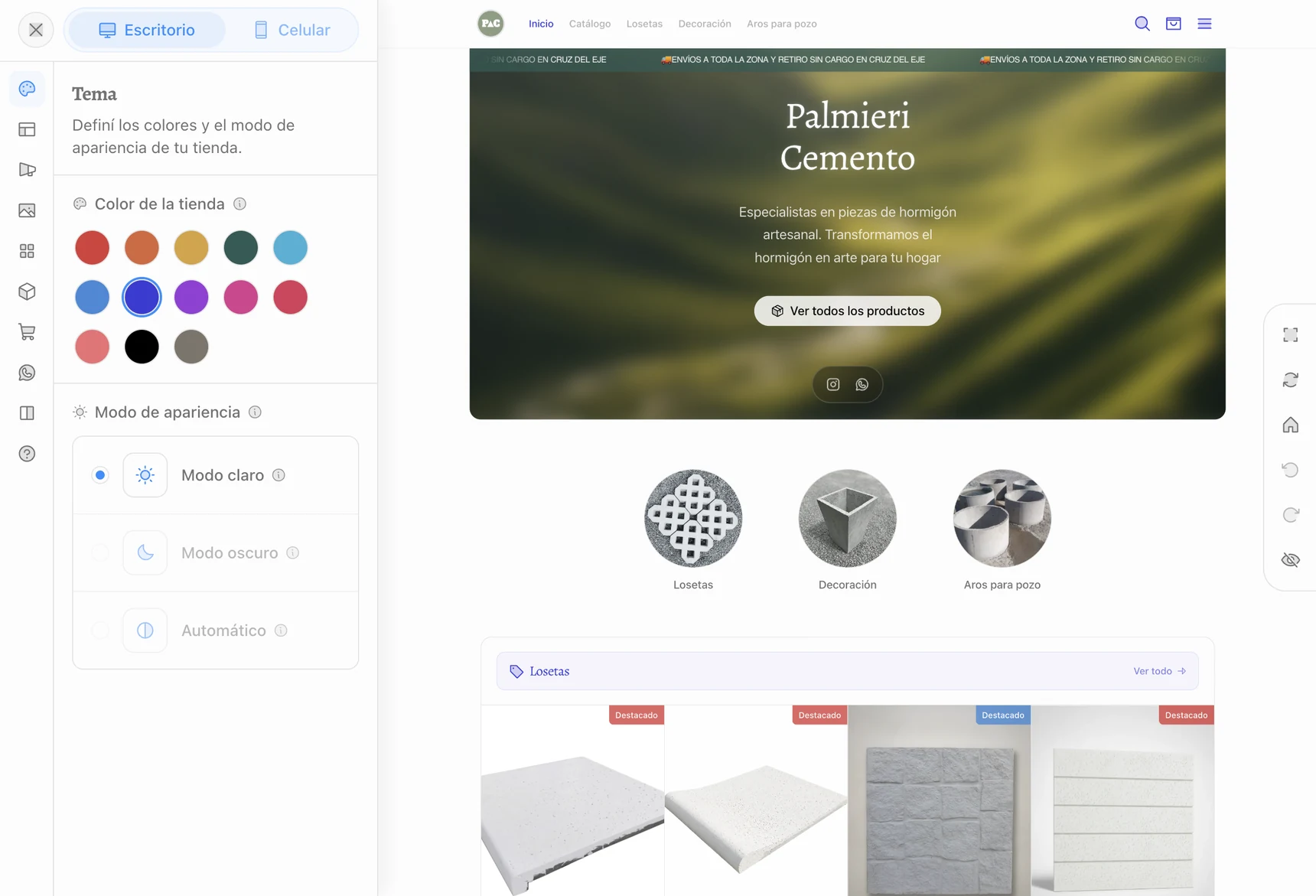 Panel de diseño con vista previa en vivo: Tema y preview de la tienda en celular