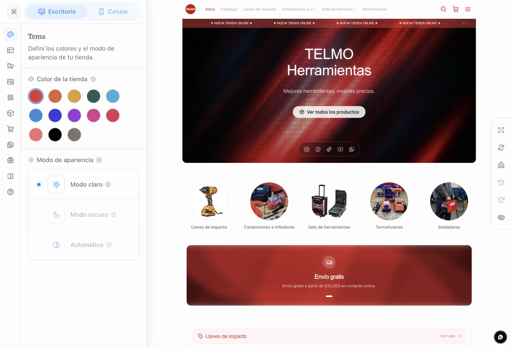 Panel de diseño con vista previa en vivo: Tema y preview de la tienda en celular
