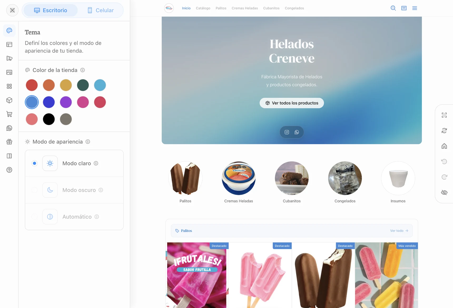 Panel de diseño con vista previa en vivo: Tema y preview de la tienda en celular