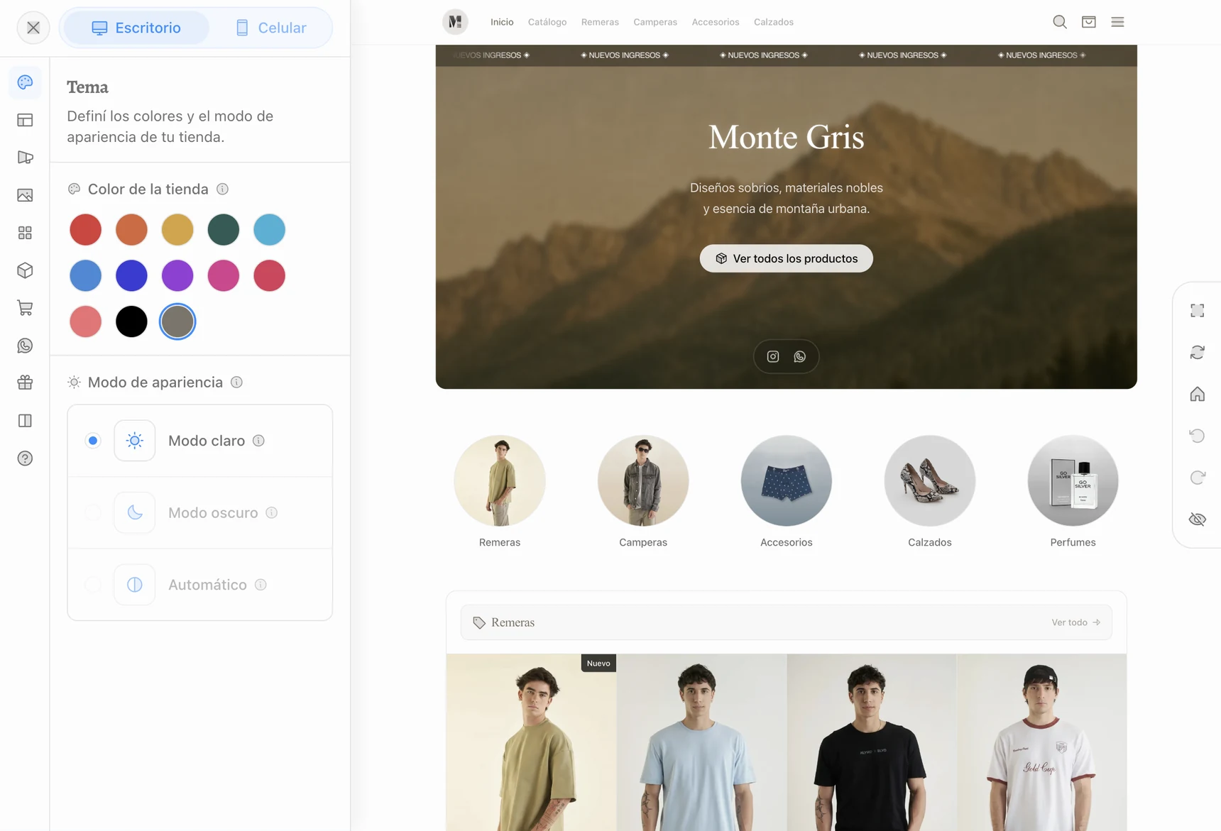 Panel de diseño con vista previa en vivo: Tema y preview de la tienda en celular