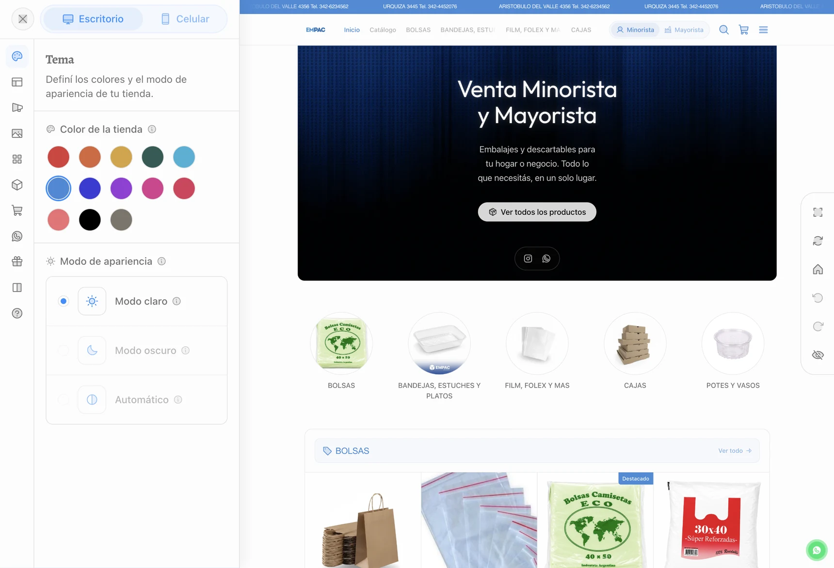 Panel de diseño con vista previa en vivo: Tema y preview de la tienda en celular