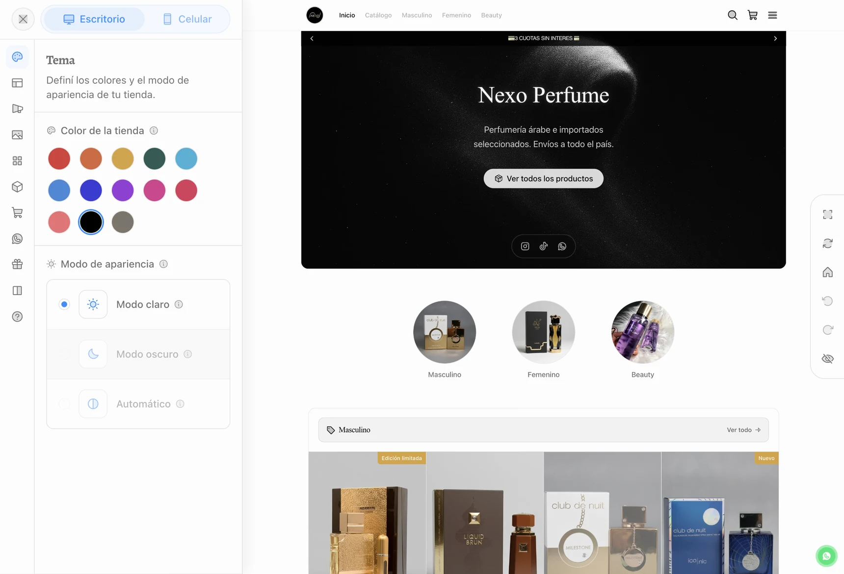 Panel de diseño con vista previa en vivo: Tema y preview de la tienda en celular