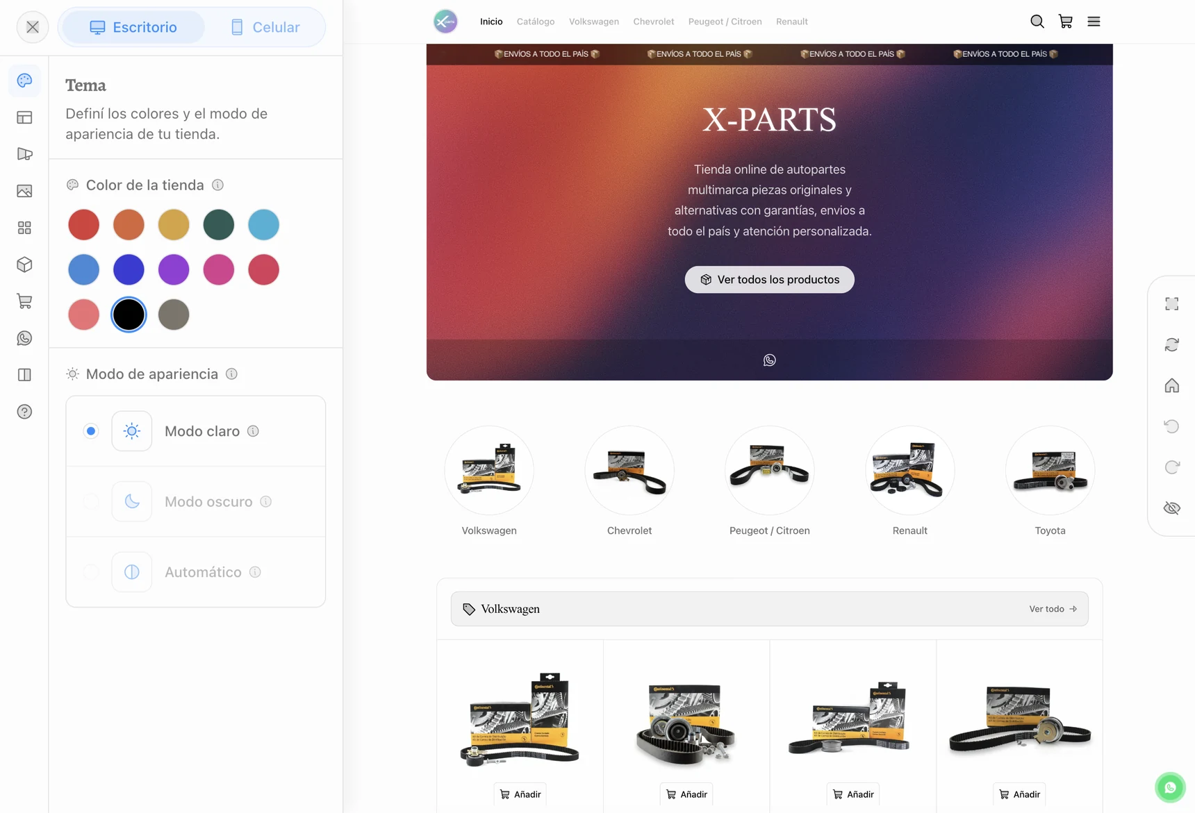 Panel de diseño con vista previa en vivo: Tema y preview de la tienda en celular