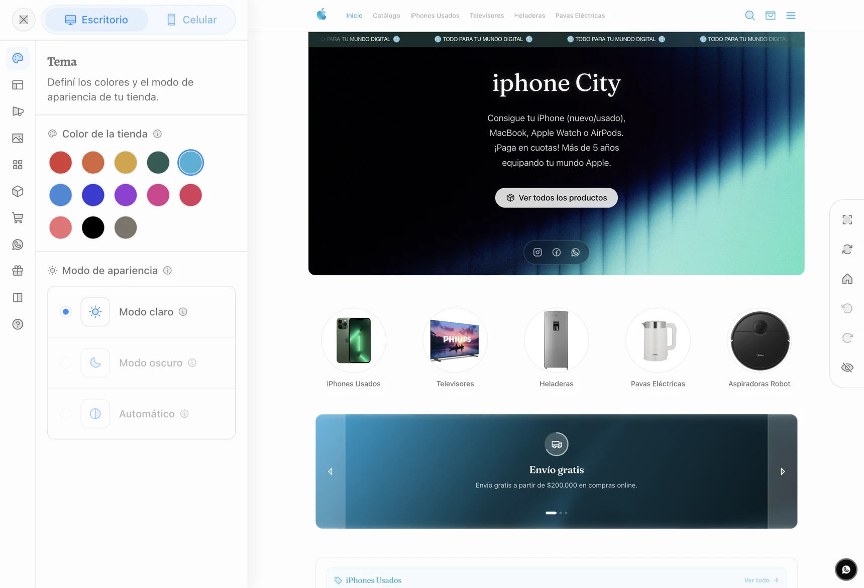 Panel de diseño con vista previa en vivo: Tema y preview de la tienda en celular