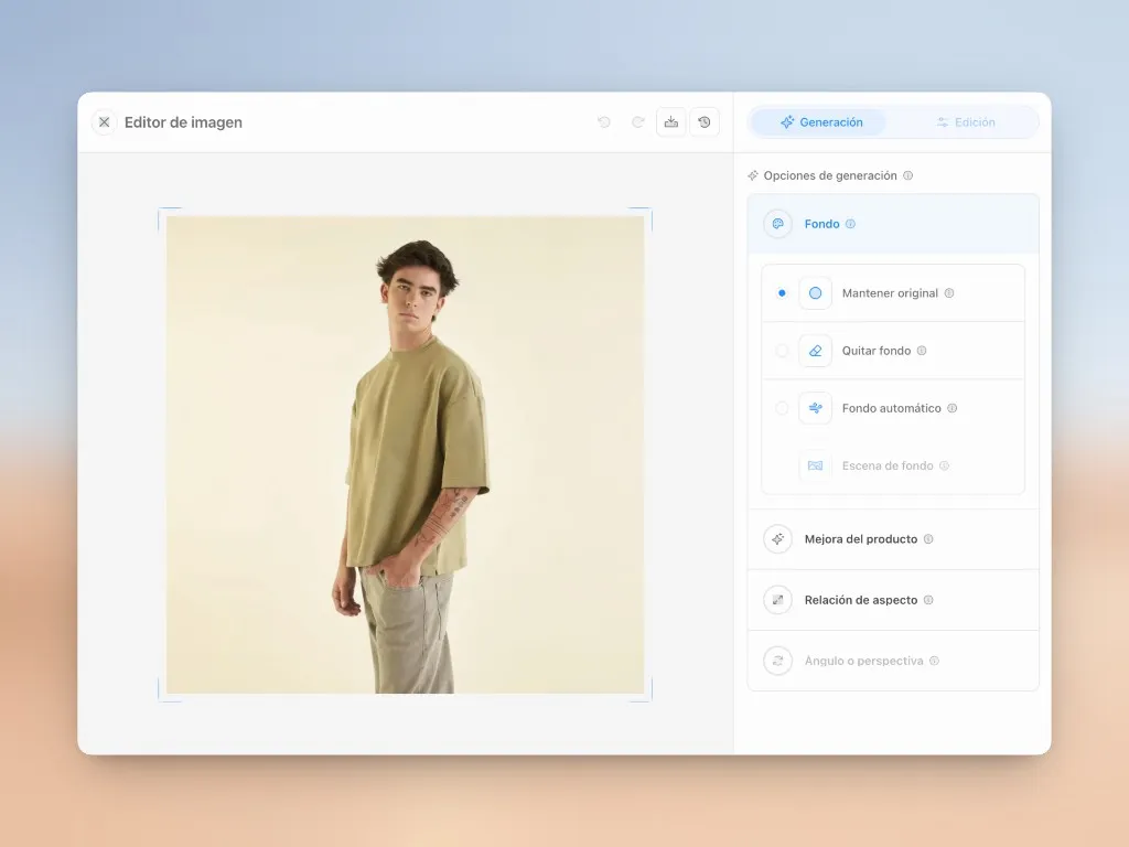 Editor de imagen con IA: opciones de generación de fondo y mejora del producto