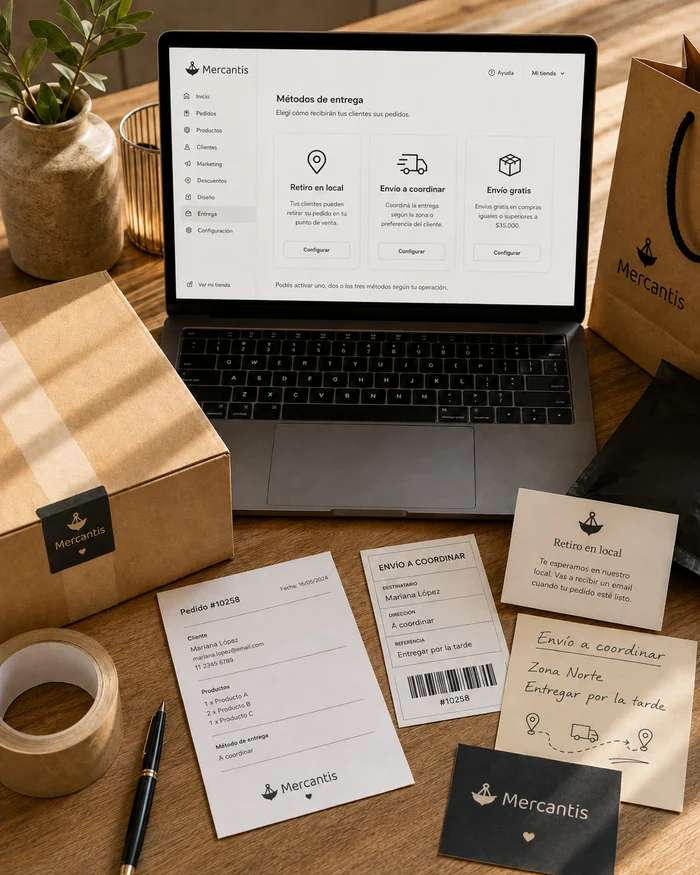 Escritorio con laptop mostrando métodos de entrega de Mercantis — retiro en local, envío a coordinar y envío gratis