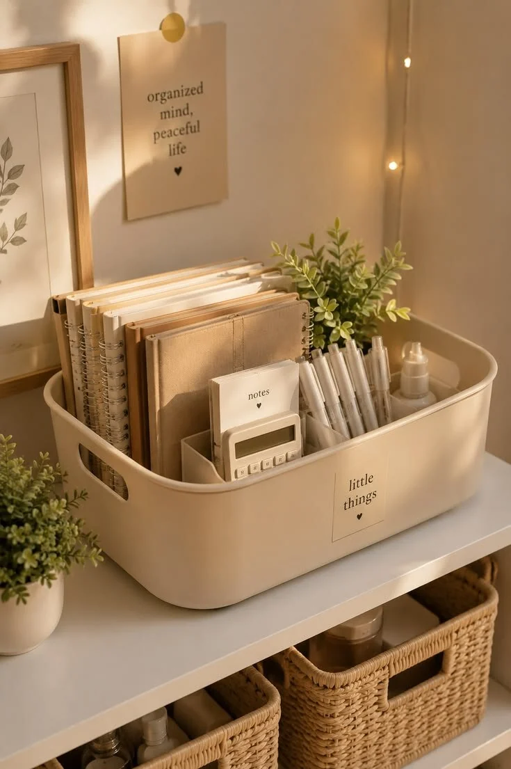 Organizador con cuadernos y accesorios de escritorio