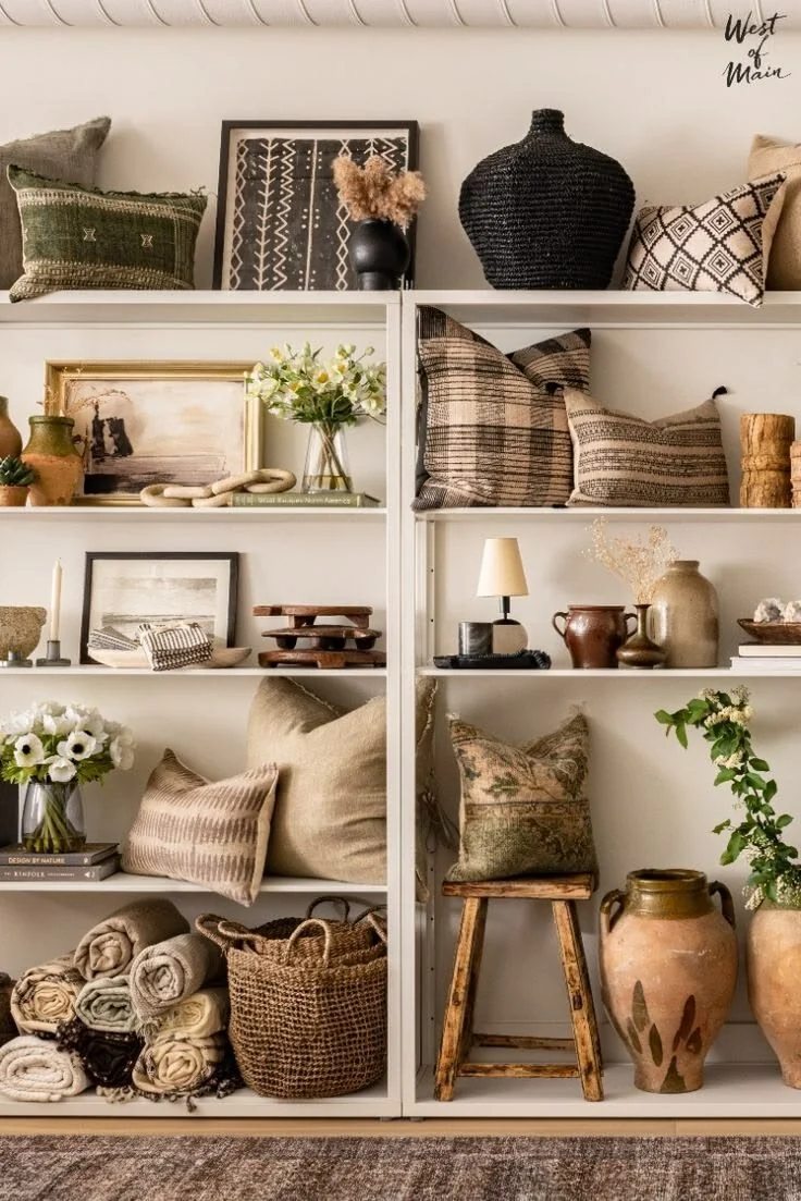 Estantería con deco, textiles y objetos de bazar