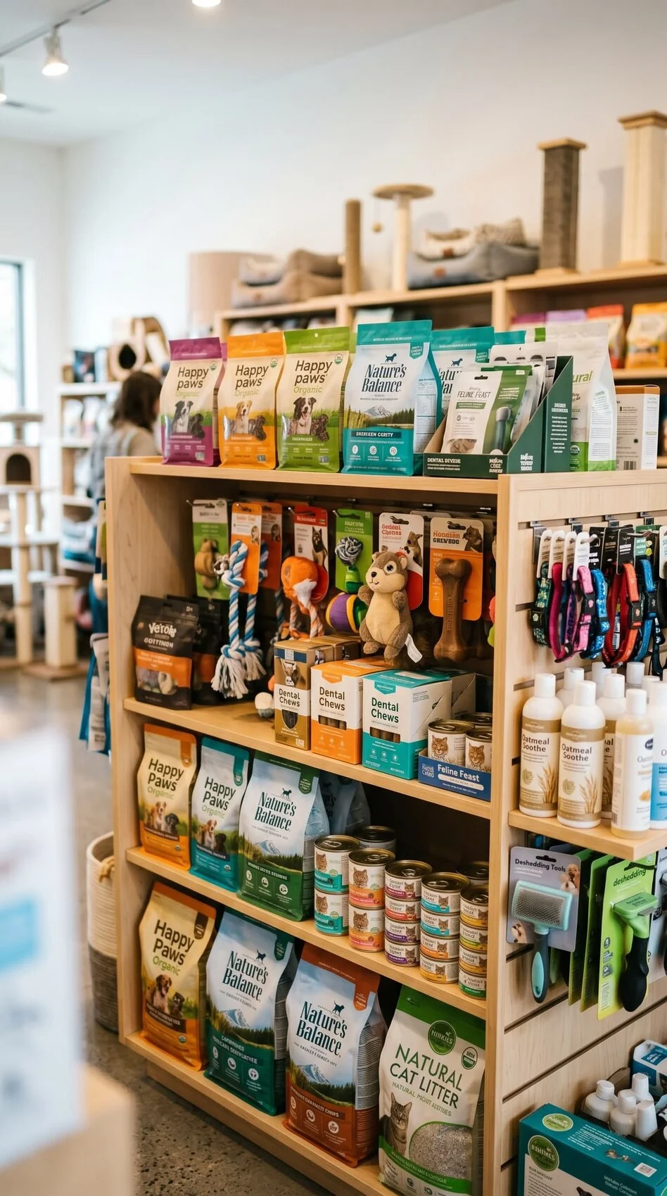Pet shop con variedad de alimentos, juguetes y accesorios