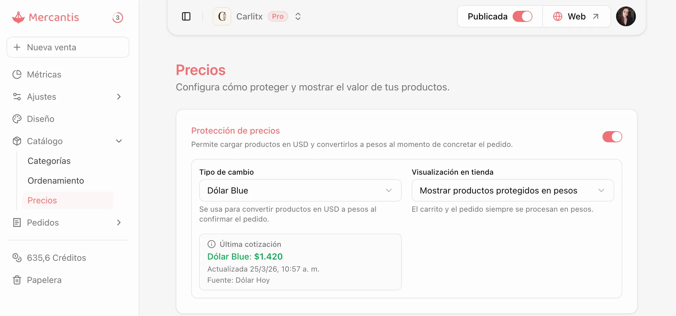 Pantalla de configuración de precios
