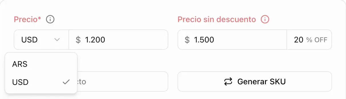 Configuración de modena de producto