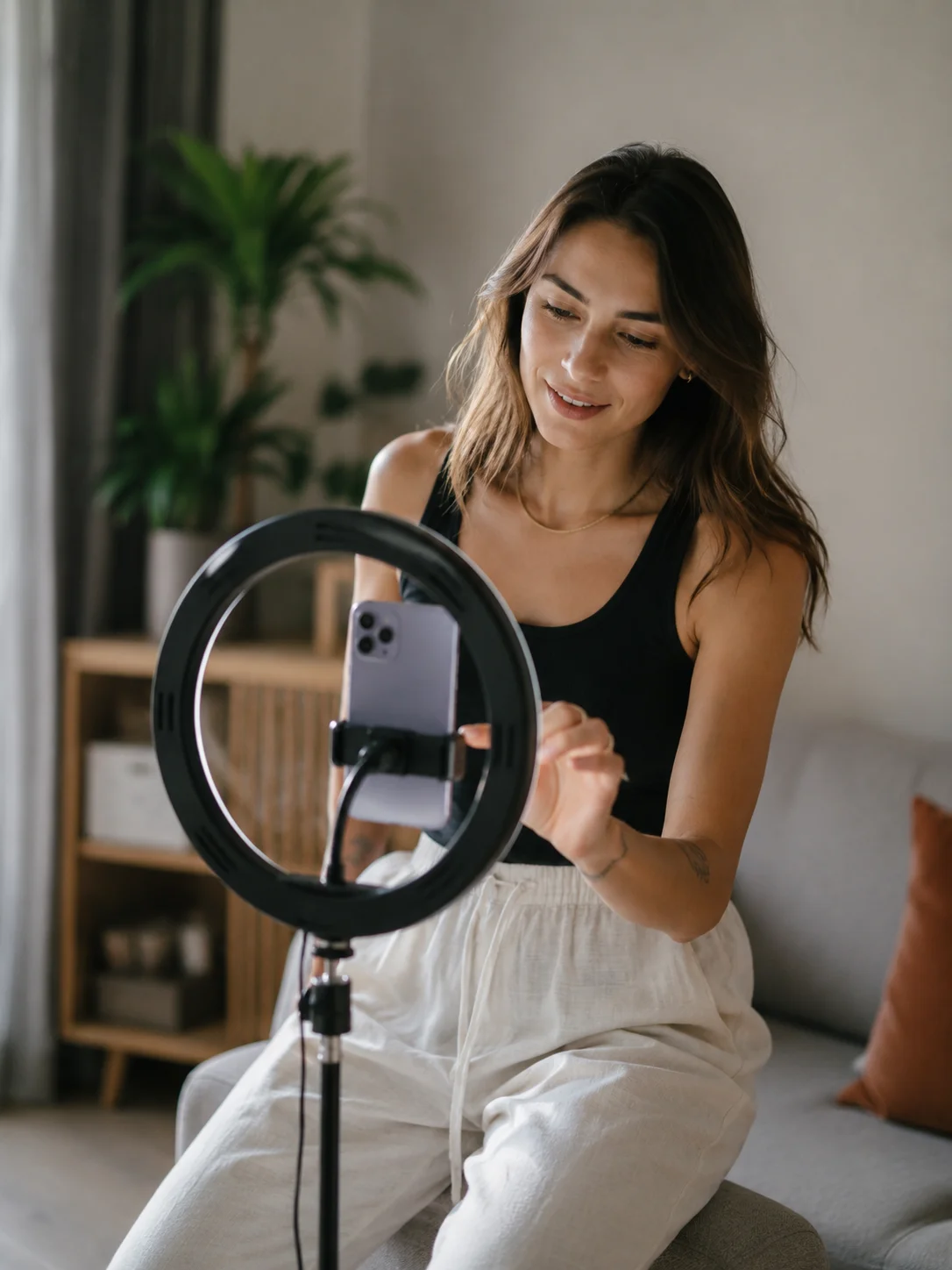Influencer preparando contenido con ring light y celular