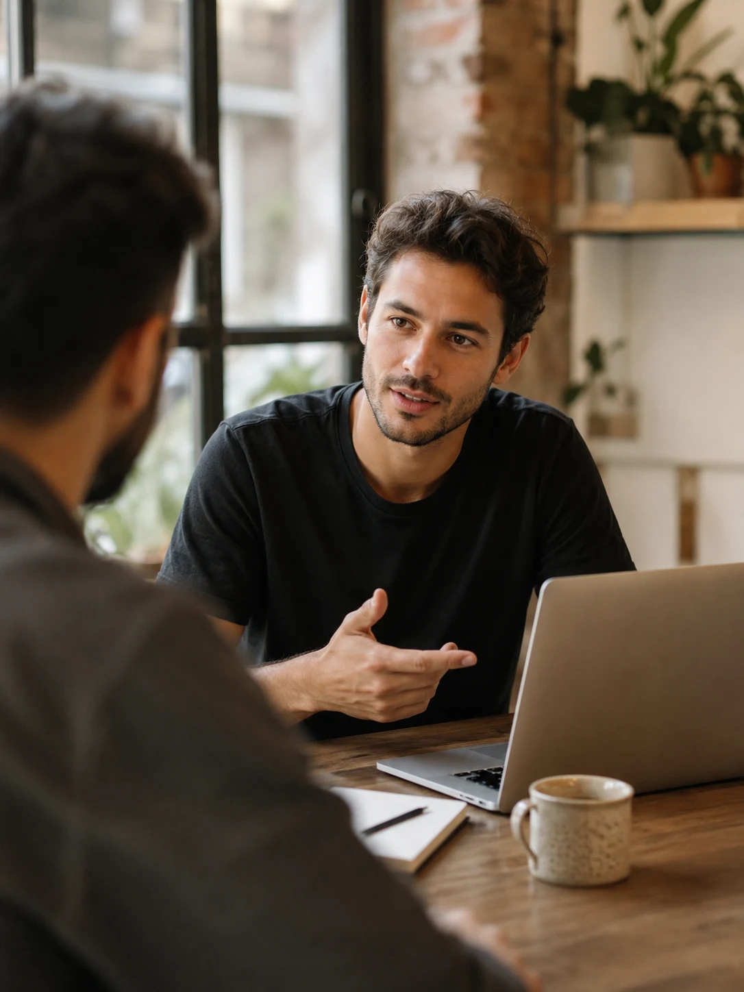 Partner de Mercantis en una reunión de consultoría con un cliente frente a su laptop